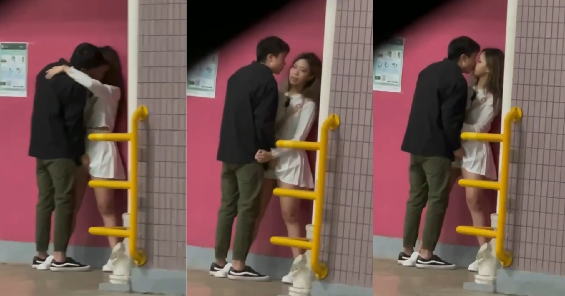 港男女街頭打茄輪 邊摸短裙女下體